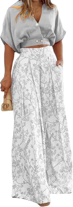 2 Piece Sets for Women Summer V Neck Crop Tops Matching Print High Waisted Wide Leg Pants Business Casual Outfits