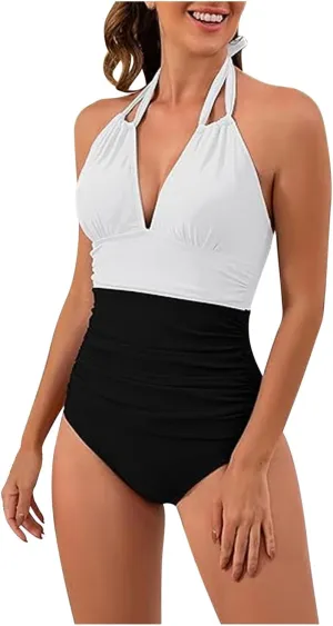 2024 Women's Slimming One Piece Swimsuits Tummy Control Bathing Suit Halter Strappy Swimwear Backless Monokini