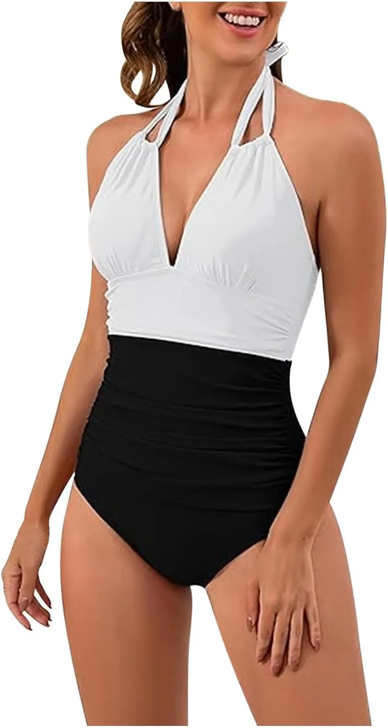2024 Women's Slimming One Piece Swimsuits Tummy Control Bathing Suit Halter Strappy Swimwear Backless Monokini