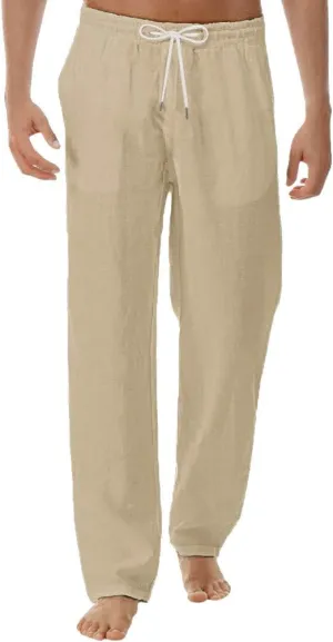 2025 Summer Beach Linen Pants for Men Casual Loose Drawstring Vacation Yoga Straight Leg Trousers Lounge Comfy Pants