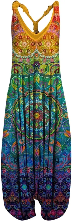 2025 Women Boho Overalls Plus Size Summer Fashion Jumpsuit Loose Fit Rompers Floral Printed Baggy Bohemia Harem Pants
