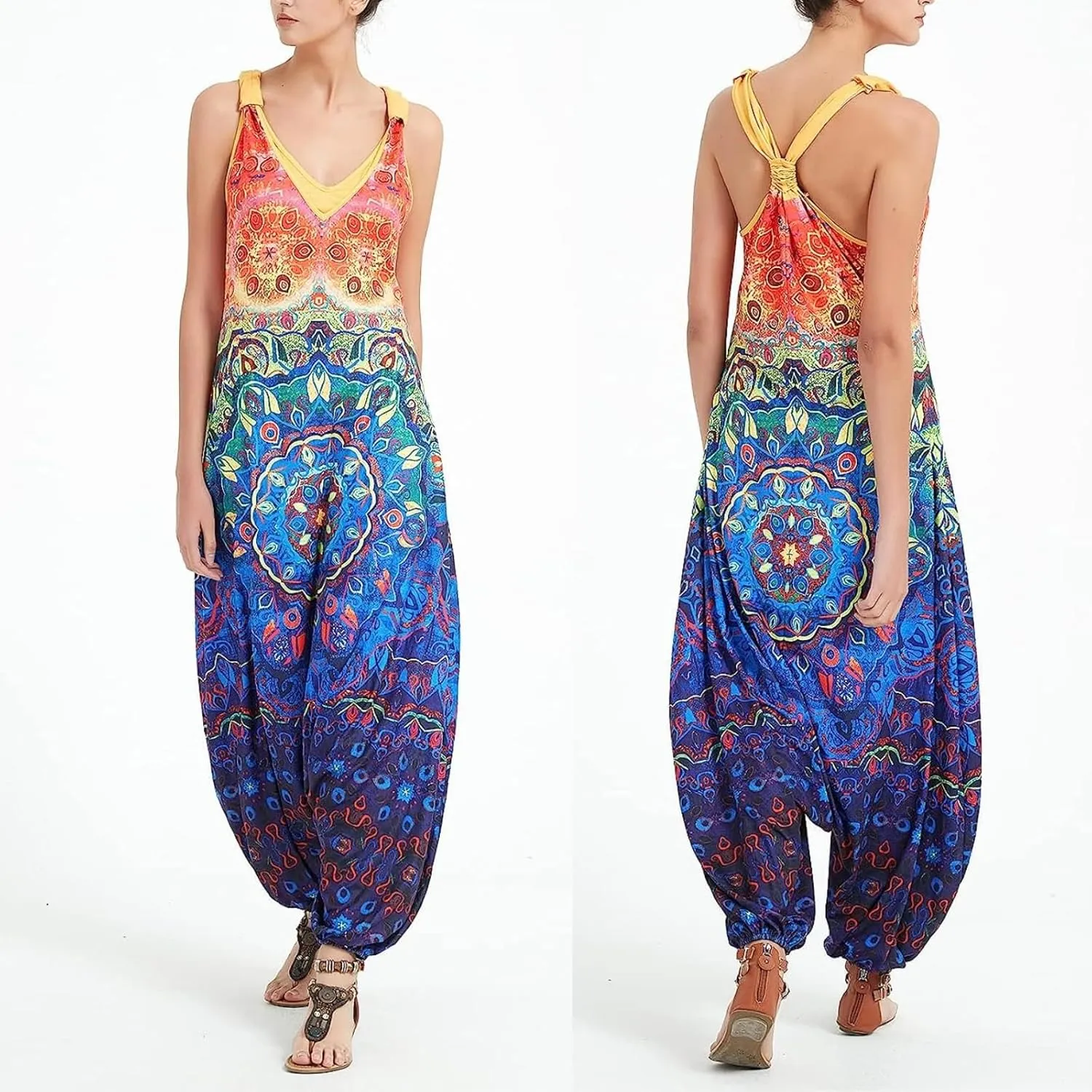 2025 Women Boho Overalls Plus Size Summer Fashion Jumpsuit Loose Fit Rompers Floral Printed Baggy Bohemia Harem Pants