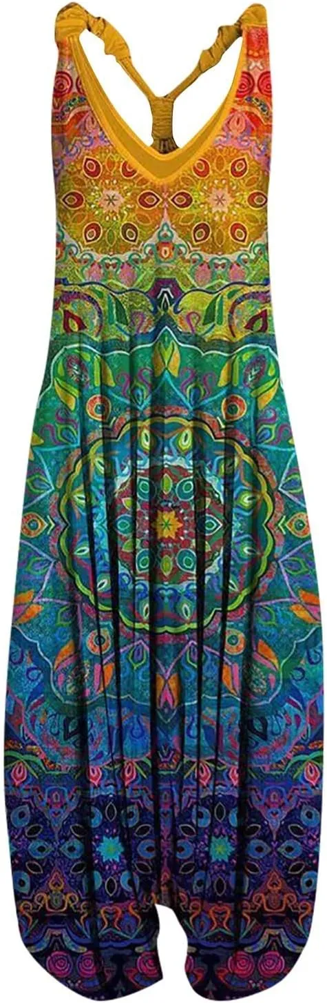 2025 Women Boho Overalls Plus Size Summer Fashion Jumpsuit Loose Fit Rompers Floral Printed Baggy Bohemia Harem Pants