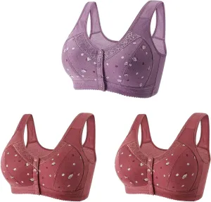 3 PC Daisy Bras for Older Women No Underwire Front Closure Comfort Senior Comfort Full Coverage Snap Closing Bralettes