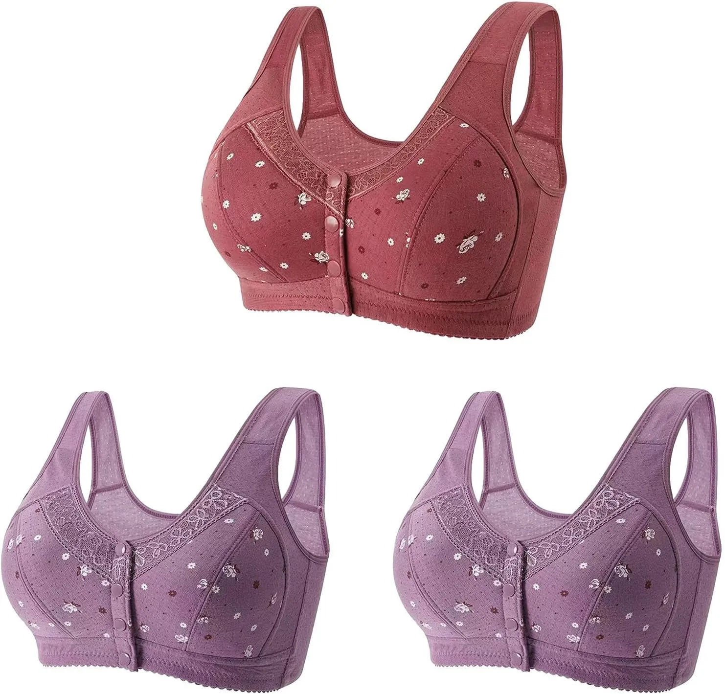 3 PC Daisy Bras for Older Women No Underwire Front Closure Comfort Senior Comfort Full Coverage Snap Closing Bralettes