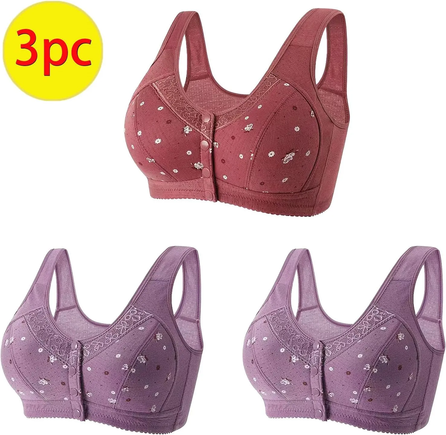 3 PC Daisy Bras for Older Women No Underwire Front Closure Comfort Senior Comfort Full Coverage Snap Closing Bralettes
