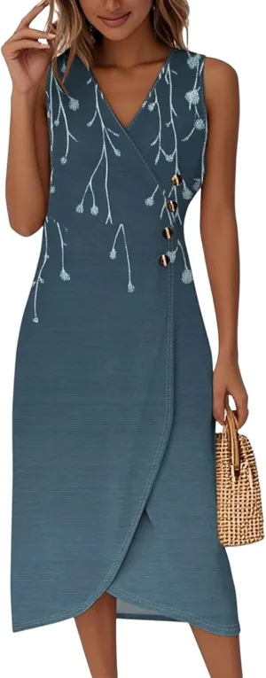 ADHOWBEW Church Dresses for Women 2025 Button Up Sleeveless Flowy V Neck Party Beach Sexy Trendy Elegant Midi Dresses