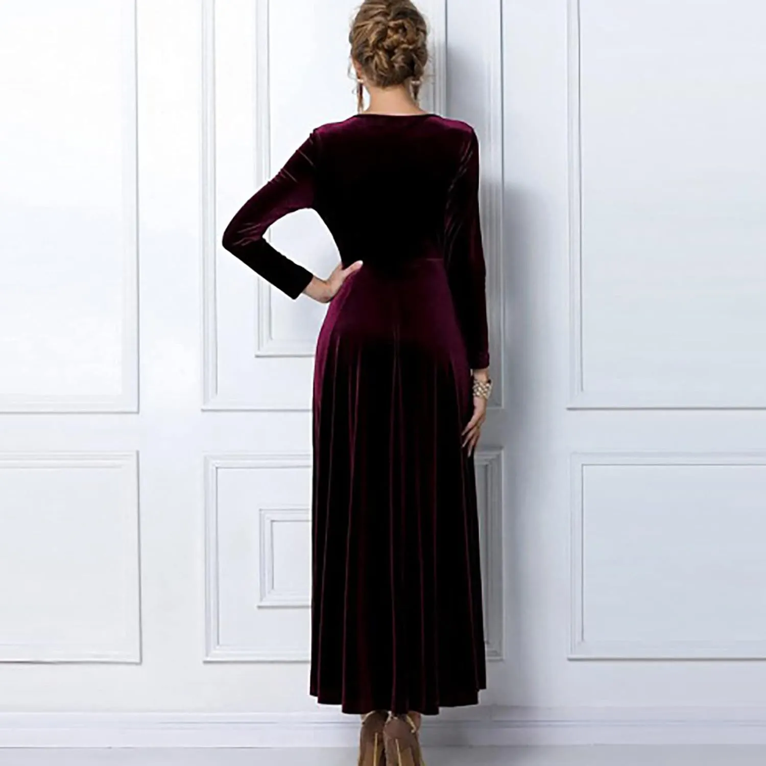 ADHOWBEW Velvet Dress for Women Elegant Long Sleeve Maxi Dress Flowy V Neck Formal Long Prom Dress