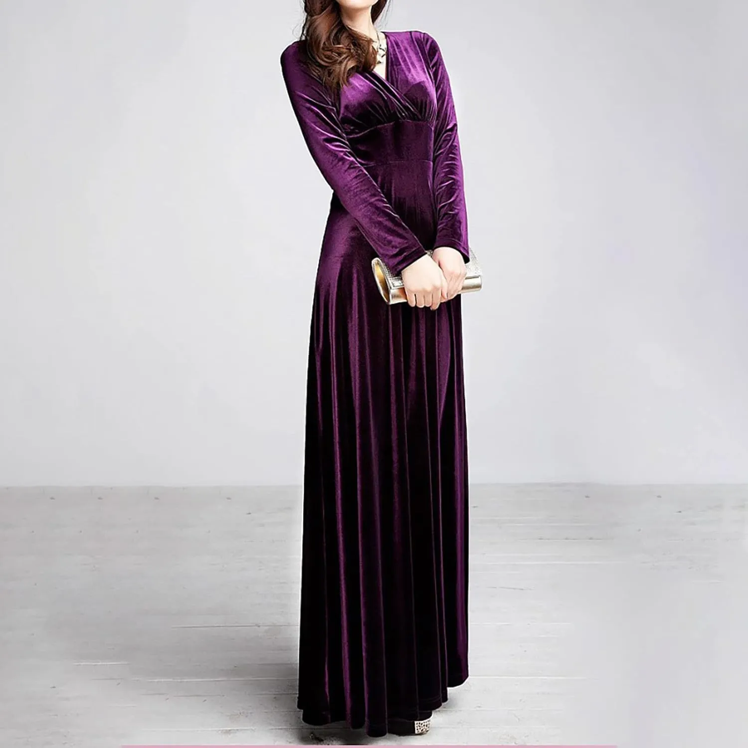 ADHOWBEW Velvet Dress for Women Elegant Long Sleeve Maxi Dress Flowy V Neck Formal Long Prom Dress
