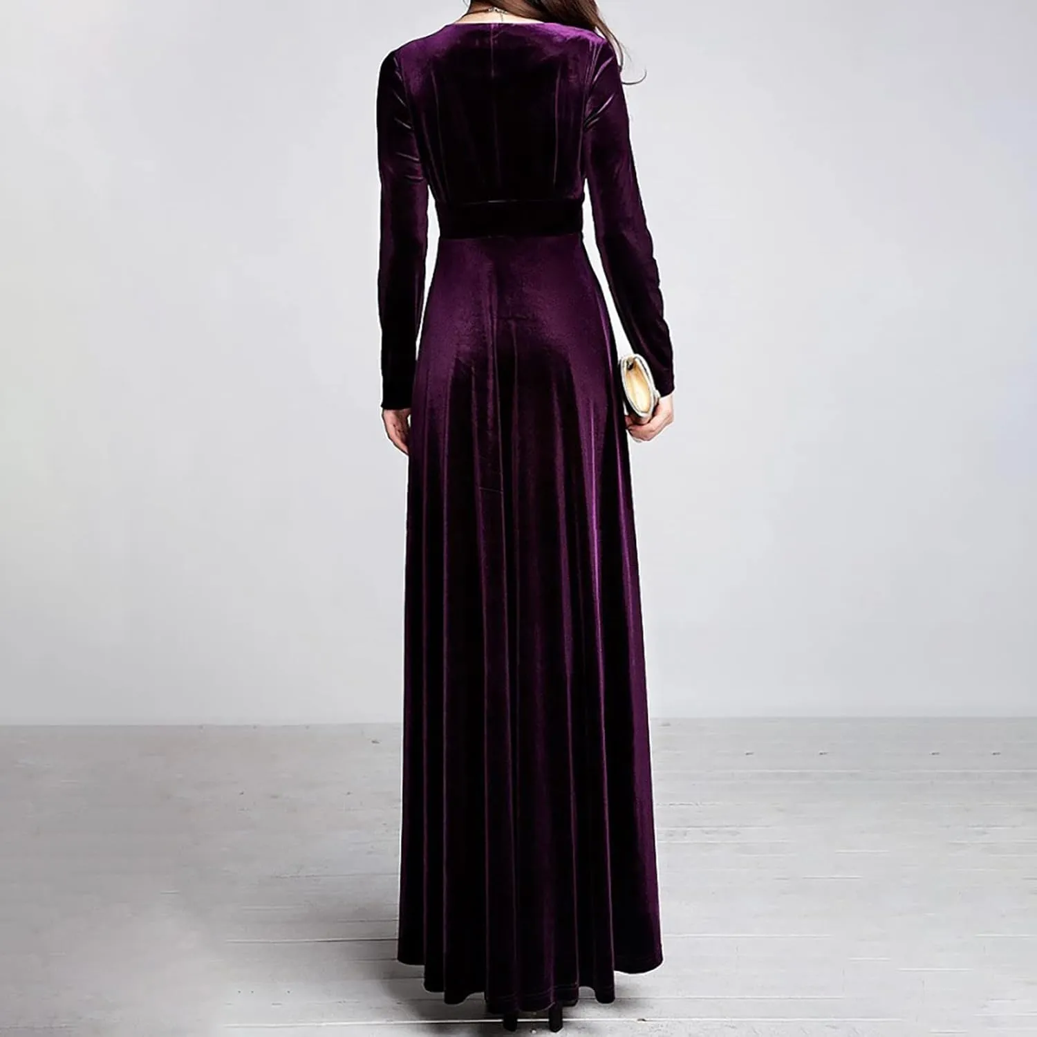 ADHOWBEW Velvet Dress for Women Elegant Long Sleeve Maxi Dress Flowy V Neck Formal Long Prom Dress