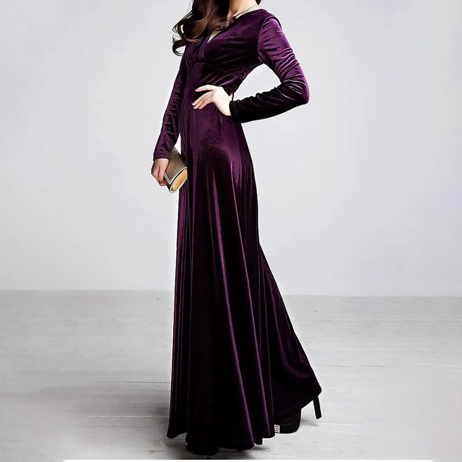 ADHOWBEW Velvet Dress for Women Elegant Long Sleeve Maxi Dress Flowy V Neck Formal Long Prom Dress