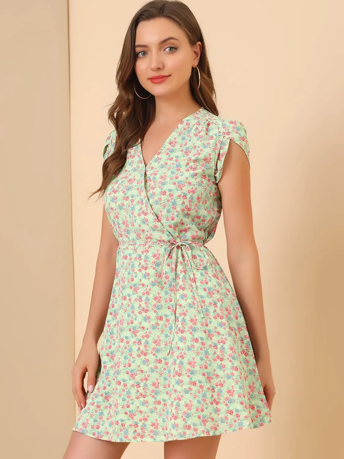 Allegra K Women's Boho Crossover V Neck Petal Sleeves Belted Floral Flowy Dress