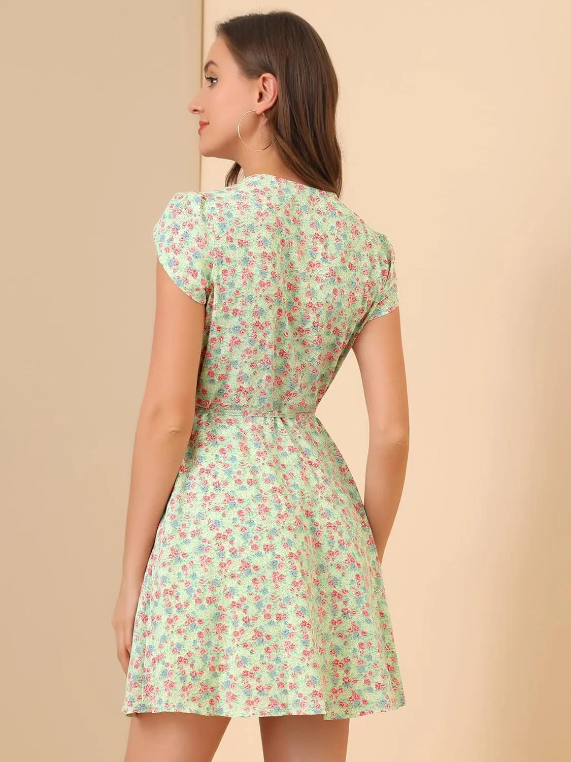 Allegra K Women's Boho Crossover V Neck Petal Sleeves Belted Floral Flowy Dress