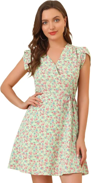 Allegra K Women's Boho Crossover V Neck Petal Sleeves Belted Floral Flowy Dress