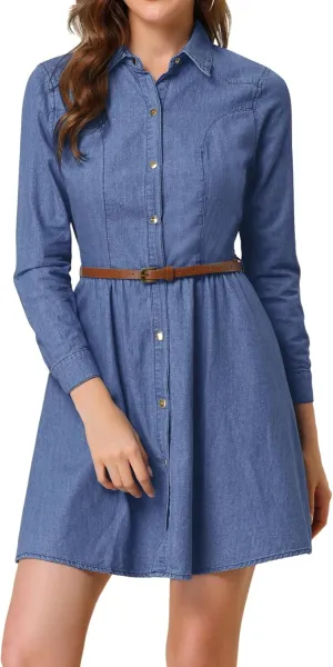 Allegra K Women's Denim Dress Button Down Belted Pleated Flare A-line Shirt Dress