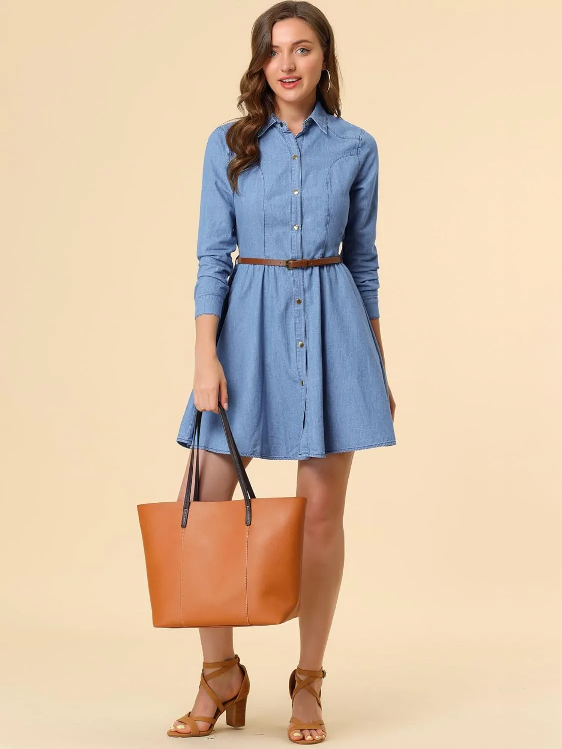 Allegra K Women's Denim Dress Button Down Belted Pleated Flare A-line Shirt Dress