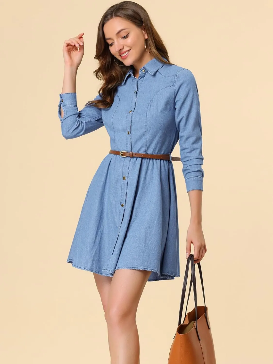 Allegra K Women's Denim Dress Button Down Belted Pleated Flare A-line Shirt Dress