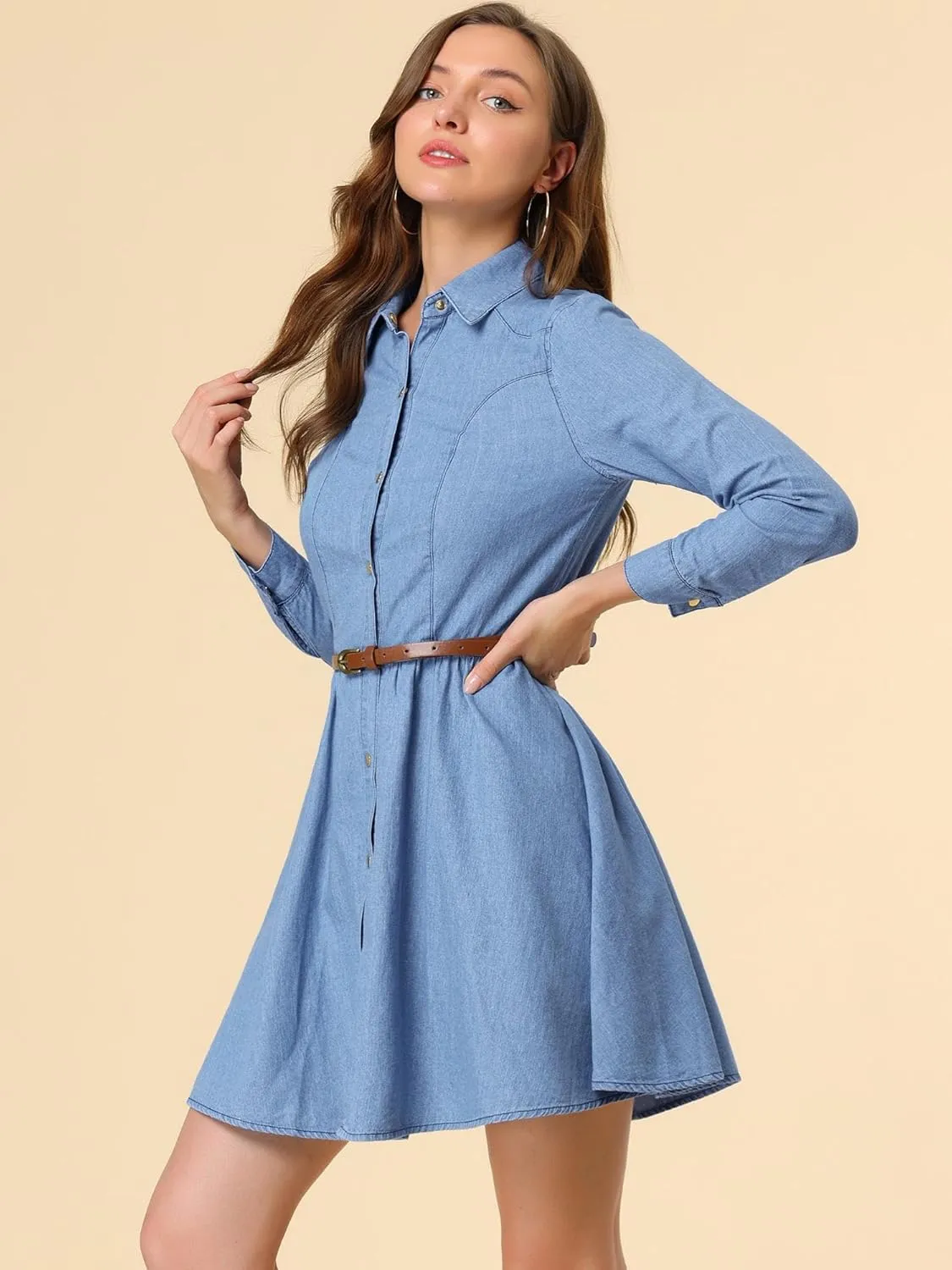 Allegra K Women's Denim Dress Button Down Belted Pleated Flare A-line Shirt Dress
