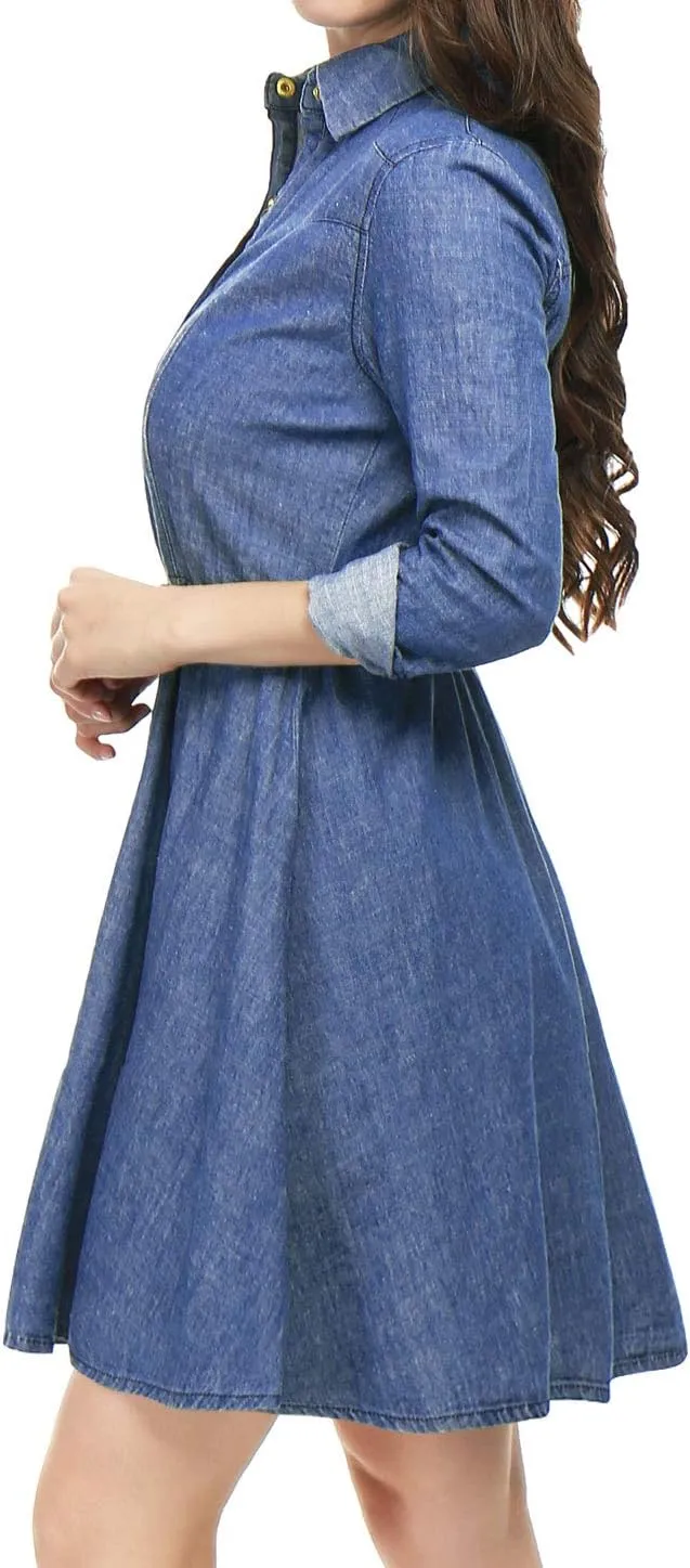 Allegra K Women's Denim Dress Button Down Belted Pleated Flare A-line Shirt Dress