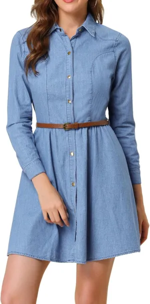 Allegra K Women's Denim Dress Button Down Belted Pleated Flare A-line Shirt Dress