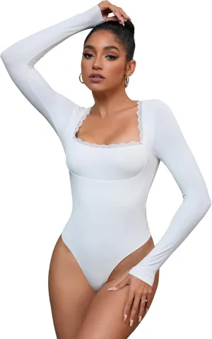 Allegra K Women's Lace Square Neck Shapewear Bodysuit Long Sleeve Tummy Control Leotard Jumpsuit Large White