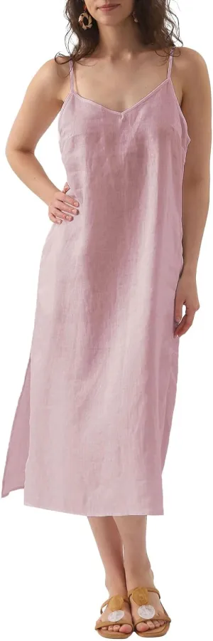 Amazhiyu Womens Pure Linen Summer V Neck Midi Spaghetti Strap Slip Dress with Pockets