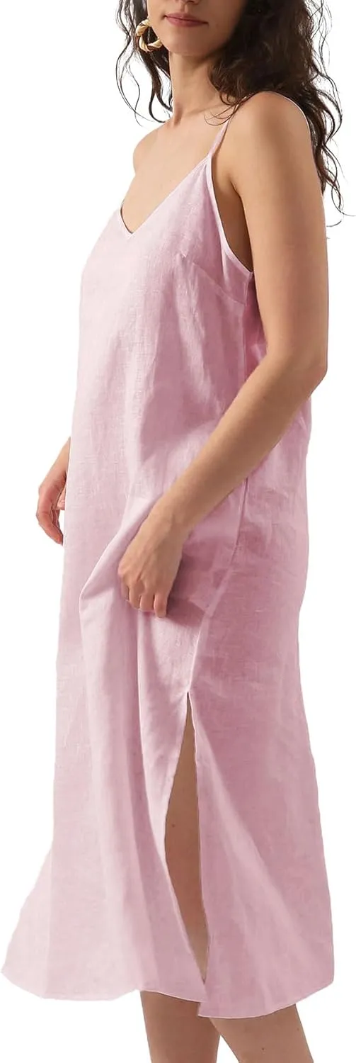 Amazhiyu Womens Pure Linen Summer V Neck Midi Spaghetti Strap Slip Dress with Pockets