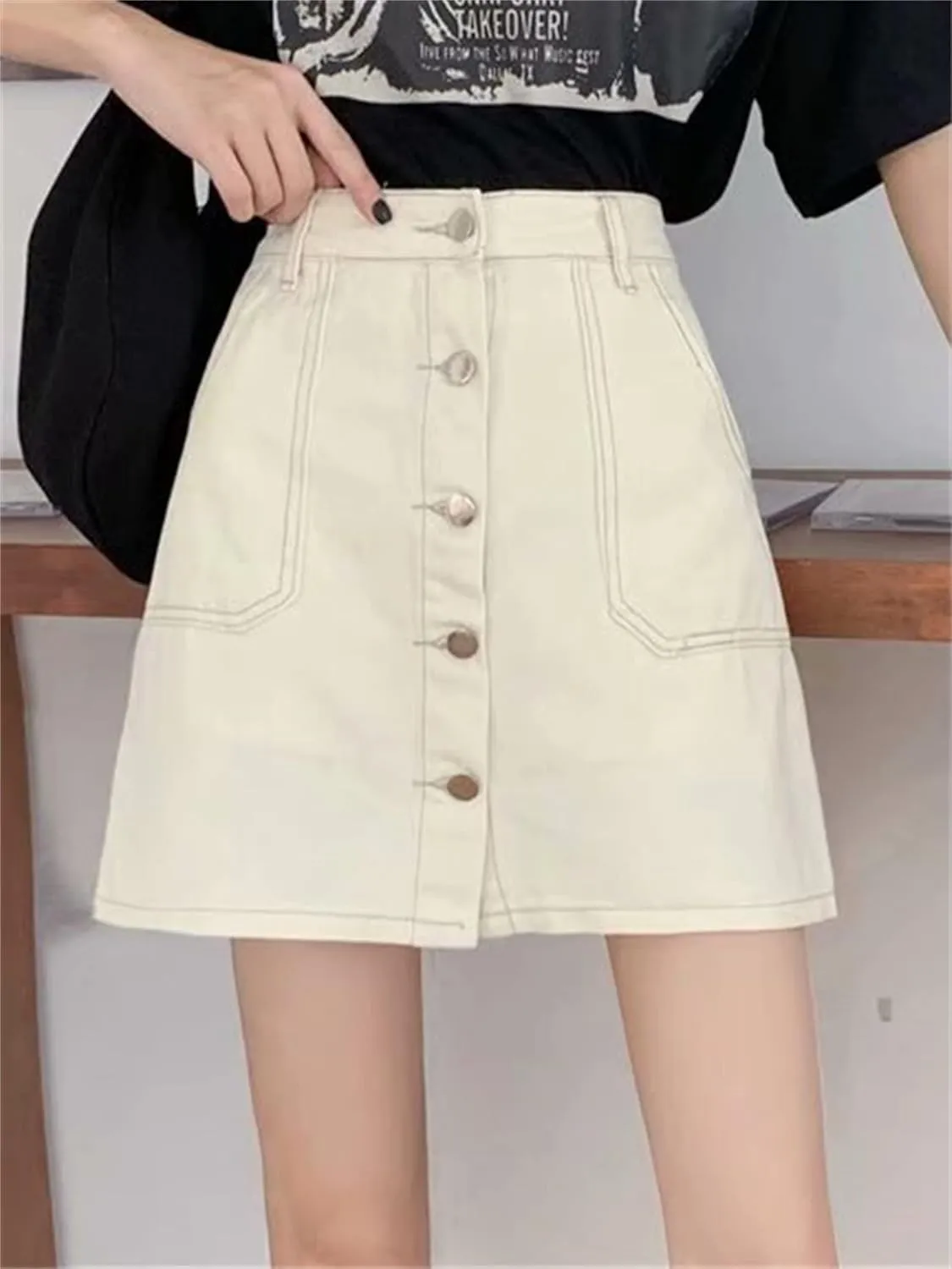 Andongnywell Women's Notch A-line Button Front Mini Skirt Casual High Waist A Line Denim Denim Short Skirt
