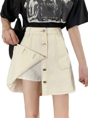 Andongnywell Women's Notch A-line Button Front Mini Skirt Casual High Waist A Line Denim Denim Short Skirt