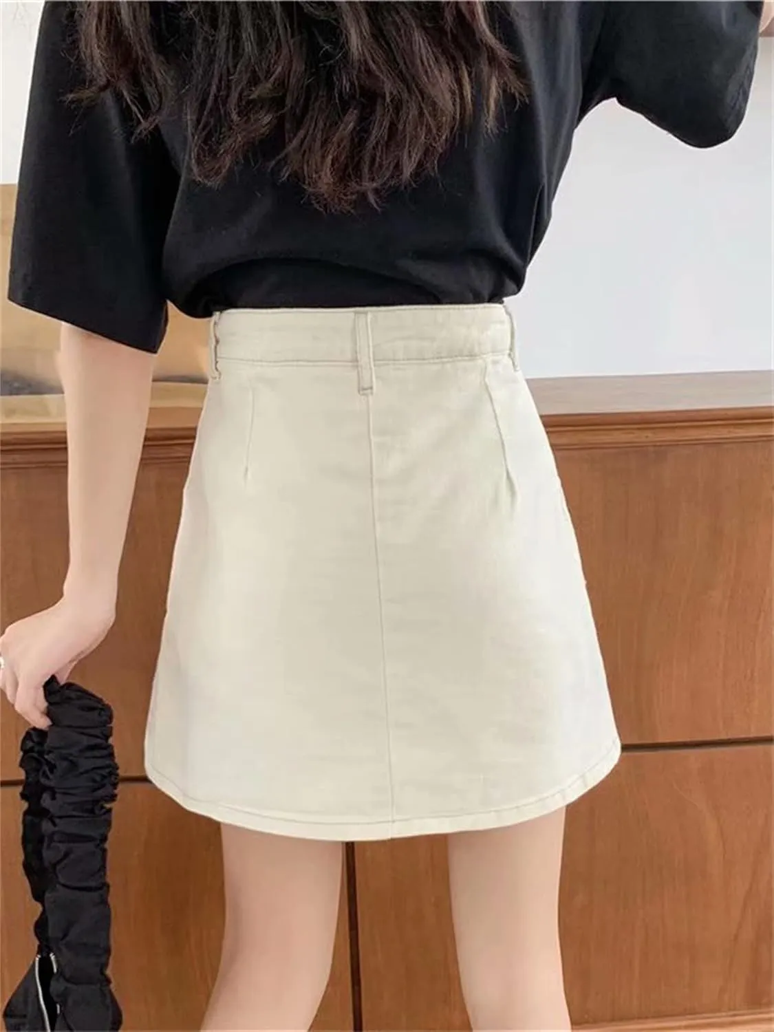 Andongnywell Women's Notch A-line Button Front Mini Skirt Casual High Waist A Line Denim Denim Short Skirt