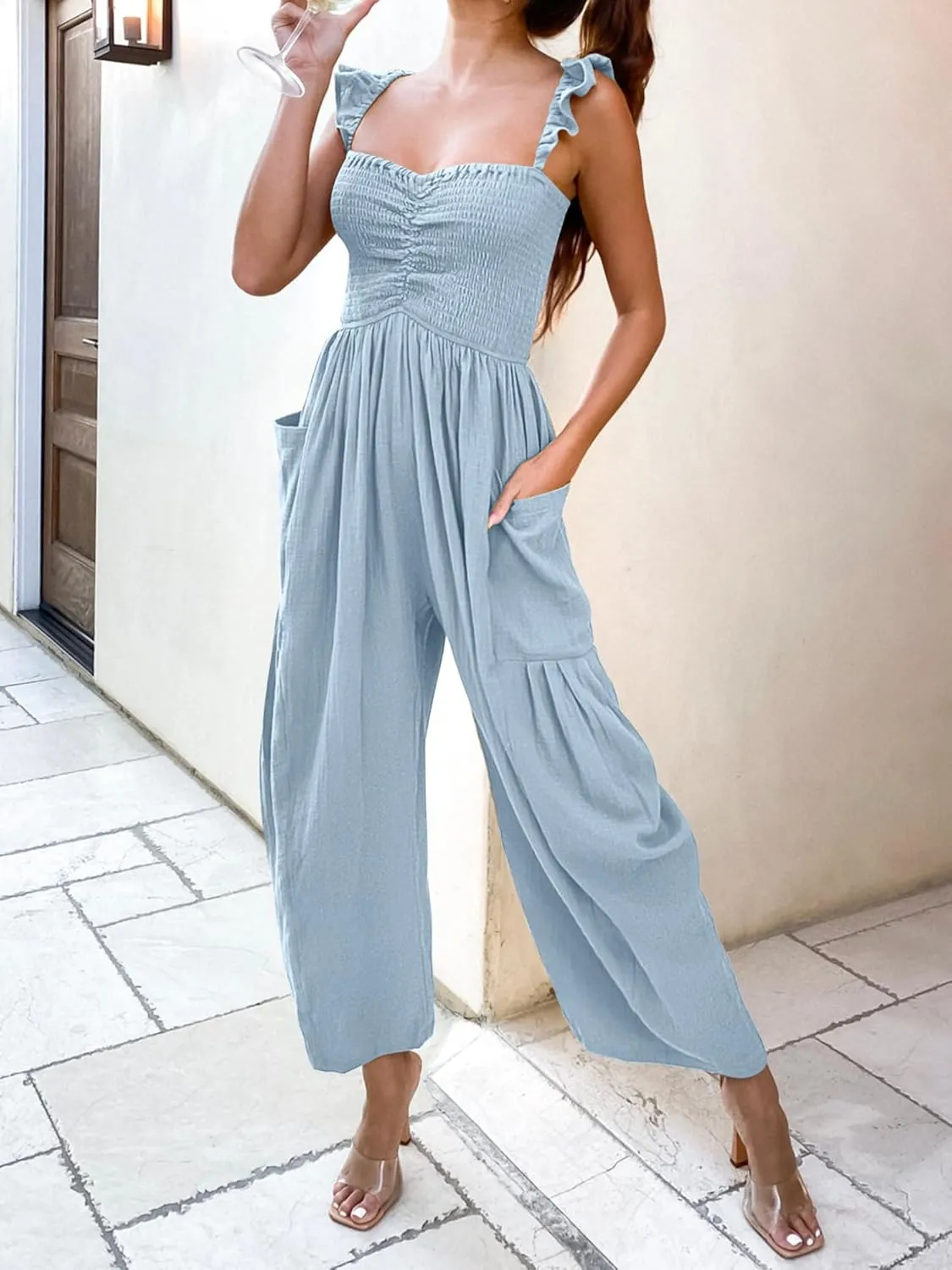 ANRABESS Women Summer Casual Dressy Sleeveless Smocked Wide Leg Linen Jumpsuits Rompers 2025 Trendy Travel Outfit Pocket
