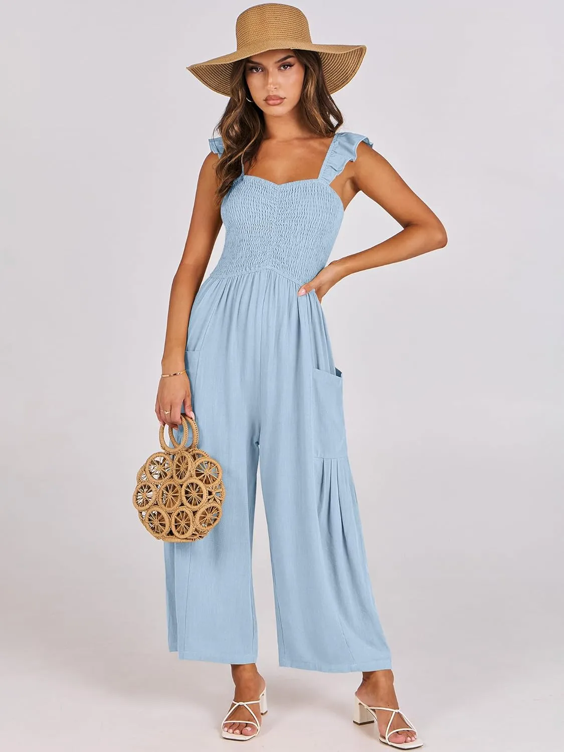 ANRABESS Women Summer Casual Dressy Sleeveless Smocked Wide Leg Linen Jumpsuits Rompers 2025 Trendy Travel Outfit Pocket