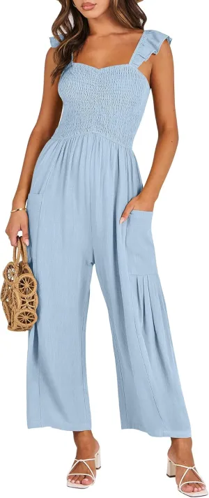 ANRABESS Women Summer Casual Dressy Sleeveless Smocked Wide Leg Linen Jumpsuits Rompers 2025 Trendy Travel Outfit Pocket