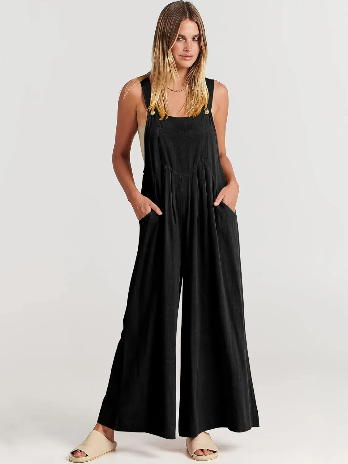 ANRABESS Womens Jumpsuits Overalls Wide Leg Casual Summer Outfits Linen Rompers Jumpers Sleeveless Straps 2025 Clothes