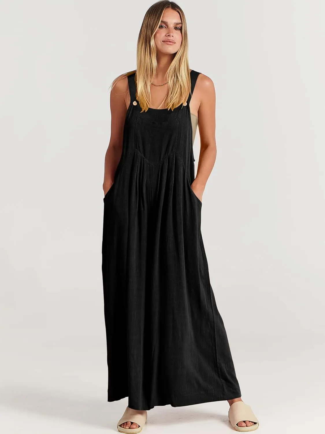 ANRABESS Womens Jumpsuits Overalls Wide Leg Casual Summer Outfits Linen Rompers Jumpers Sleeveless Straps 2025 Clothes