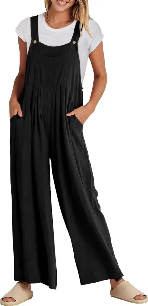 ANRABESS Womens Jumpsuits Overalls Wide Leg Casual Summer Outfits Linen Rompers Jumpers Sleeveless Straps 2025 Clothes