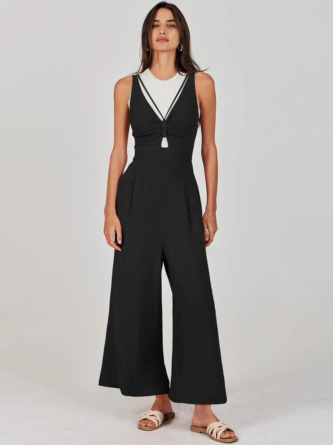 ANRABESS Women's Jumpsuits Summer Wide Leg Sleeveless V Neck Casual Dressy Linen Pants Rompers 2025 Vacation Beach Outfits