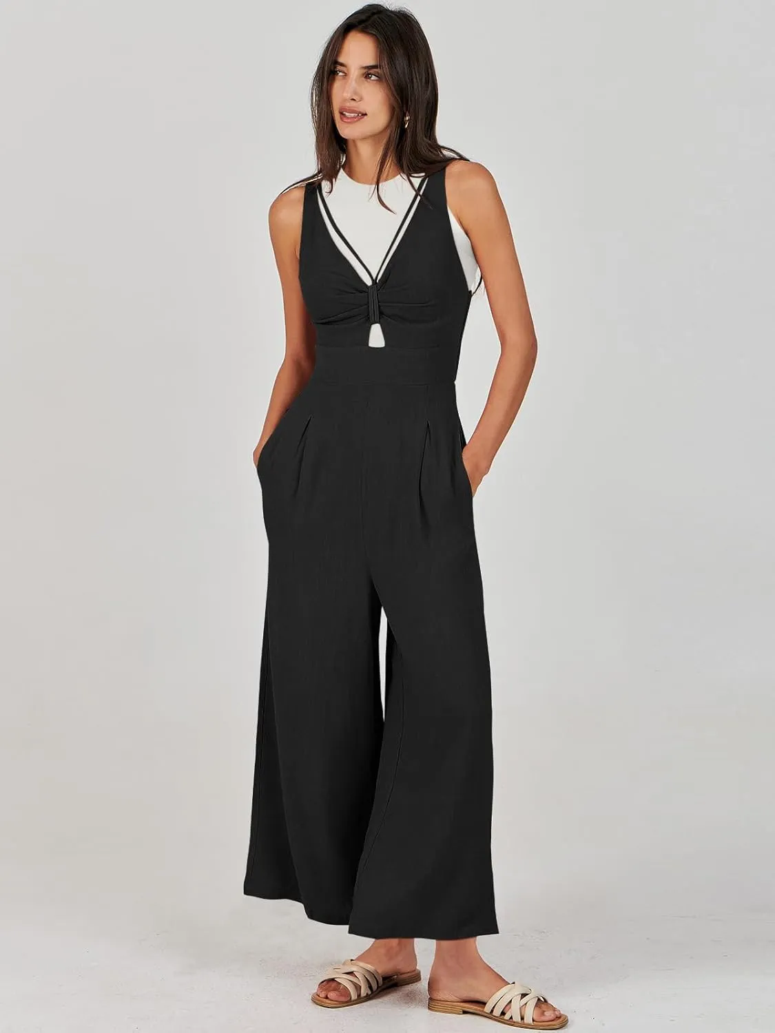 ANRABESS Women's Jumpsuits Summer Wide Leg Sleeveless V Neck Casual Dressy Linen Pants Rompers 2025 Vacation Beach Outfits