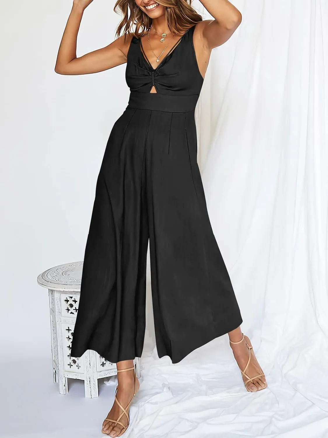 ANRABESS Women's Jumpsuits Summer Wide Leg Sleeveless V Neck Casual Dressy Linen Pants Rompers 2025 Vacation Beach Outfits