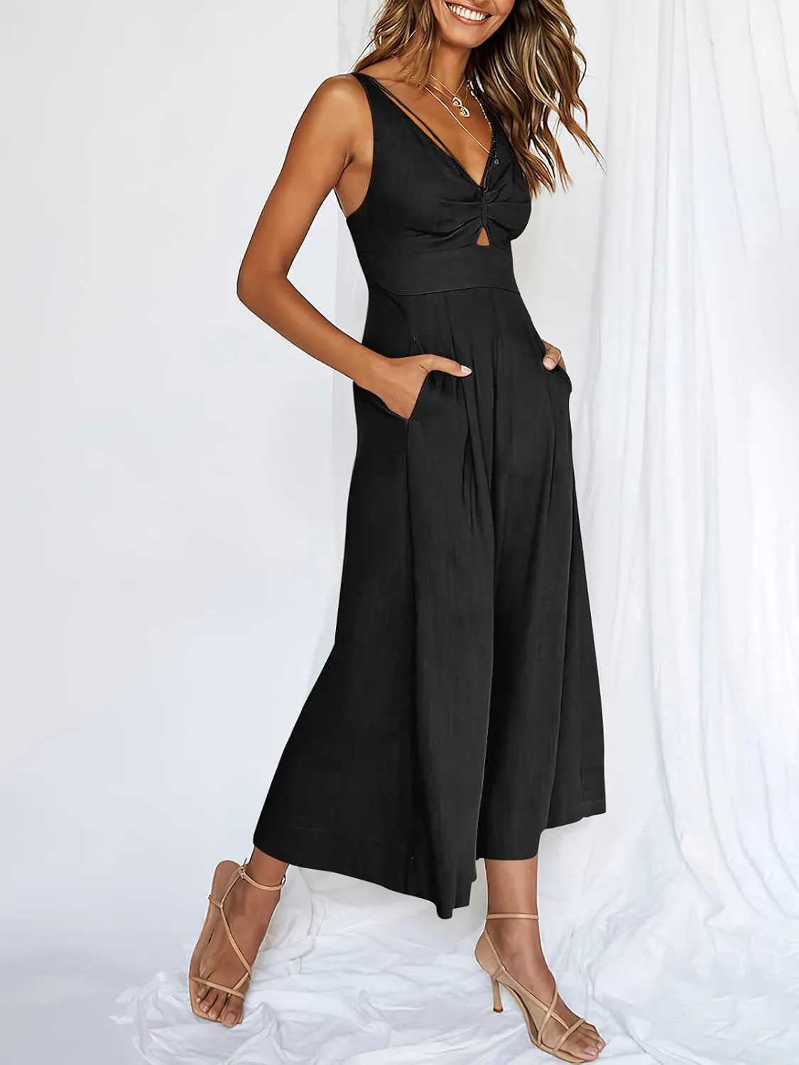 ANRABESS Women's Jumpsuits Summer Wide Leg Sleeveless V Neck Casual Dressy Linen Pants Rompers 2025 Vacation Beach Outfits