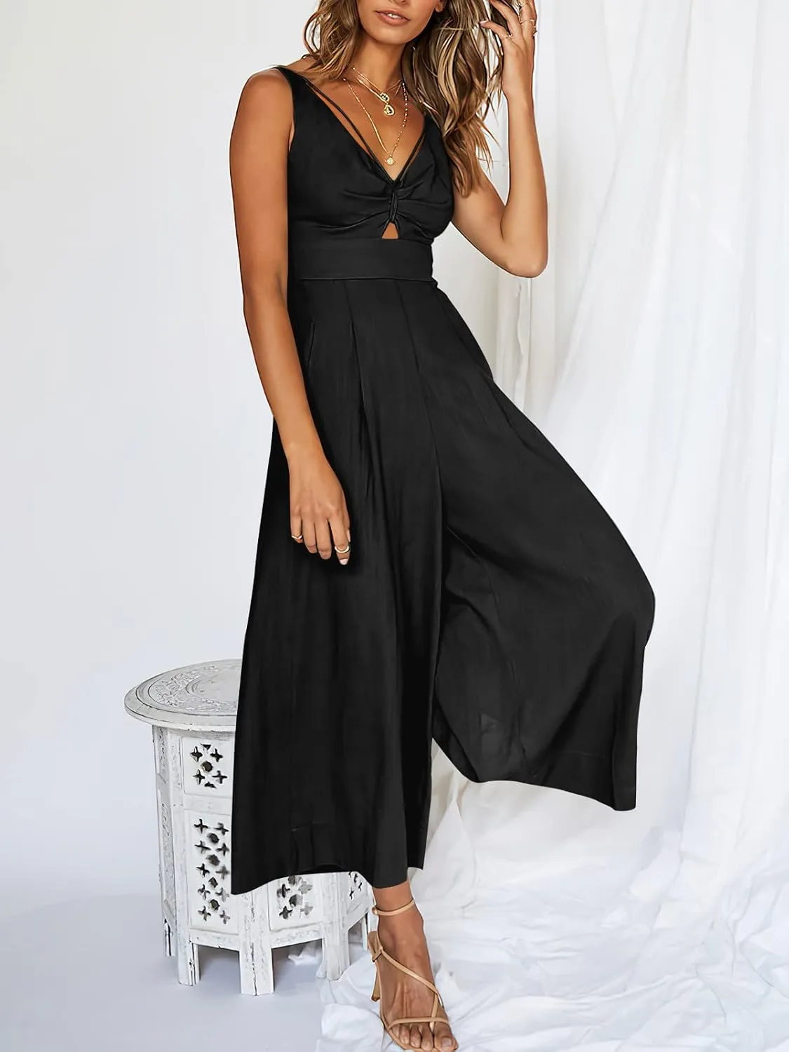 ANRABESS Women's Jumpsuits Summer Wide Leg Sleeveless V Neck Casual Dressy Linen Pants Rompers 2025 Vacation Beach Outfits