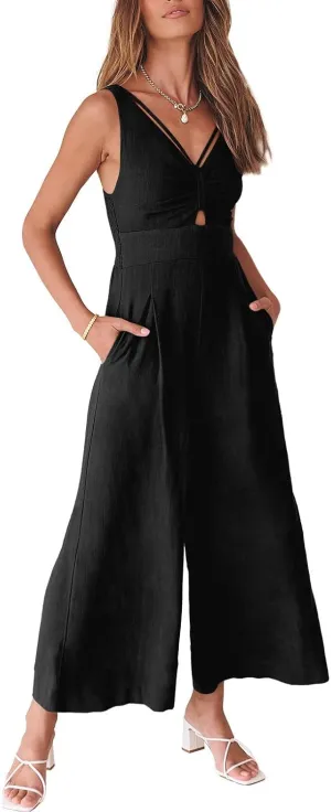 ANRABESS Women's Jumpsuits Summer Wide Leg Sleeveless V Neck Casual Dressy Linen Pants Rompers 2025 Vacation Beach Outfits