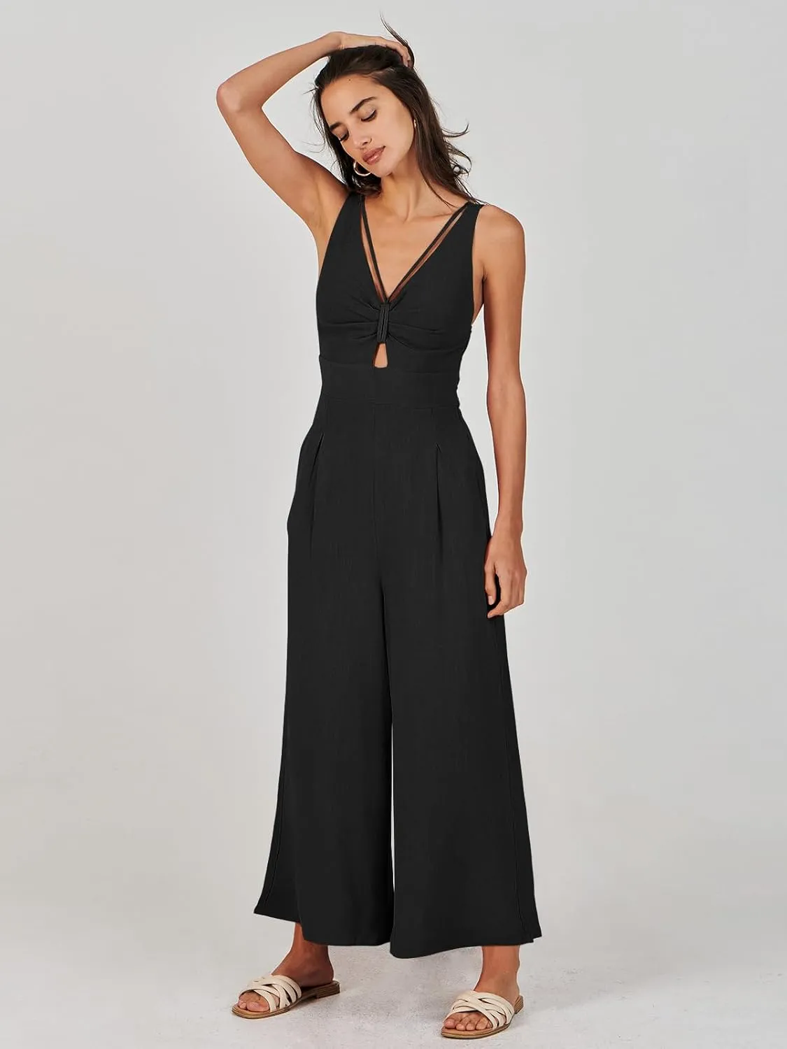 ANRABESS Women's Jumpsuits Summer Wide Leg Sleeveless V Neck Casual Dressy Linen Pants Rompers 2025 Vacation Beach Outfits