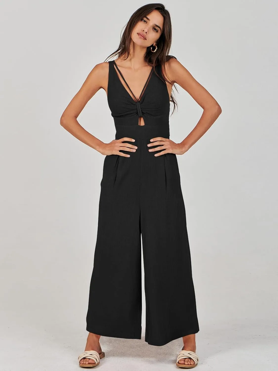 ANRABESS Women's Jumpsuits Summer Wide Leg Sleeveless V Neck Casual Dressy Linen Pants Rompers 2025 Vacation Beach Outfits
