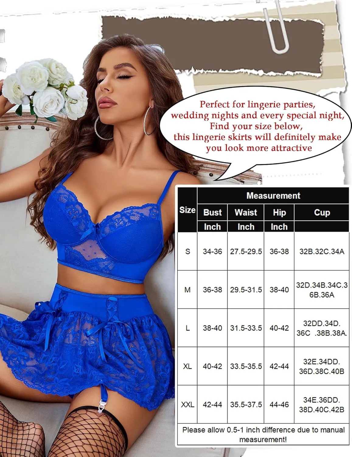 Avidlove Lingerie Set for Women 3Pcs Bralette and Panty with Lace Skirt Sexy Garter Set (No Stockings) S-XXL
