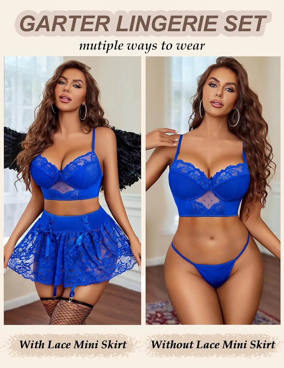 Avidlove Lingerie Set for Women 3Pcs Bralette and Panty with Lace Skirt Sexy Garter Set (No Stockings) S-XXL