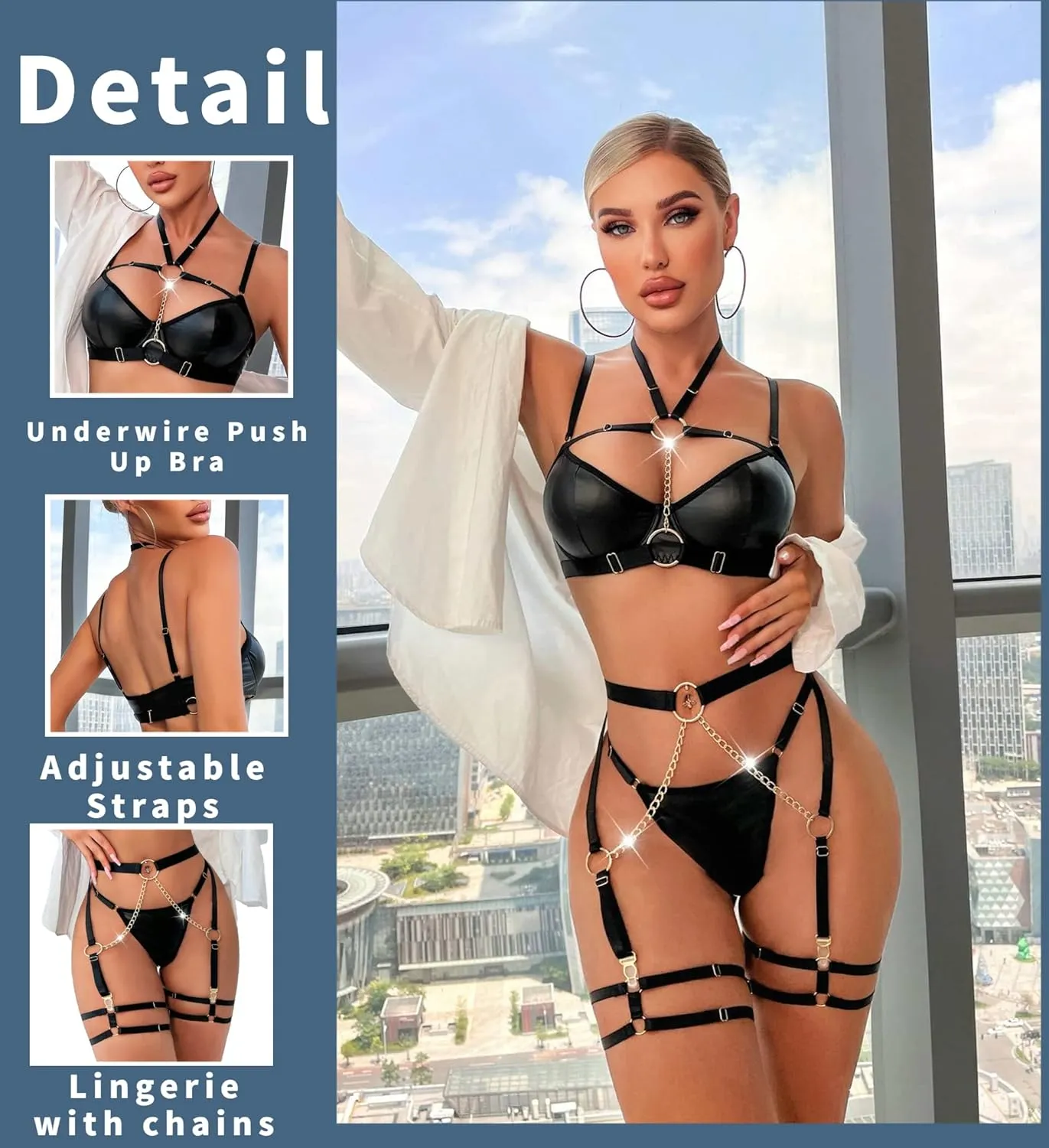 Avidlove Lingerie Set for Women Sexy Strappy 5 Piece Lingerie Garter with Underwire Push Up Bra and Chain