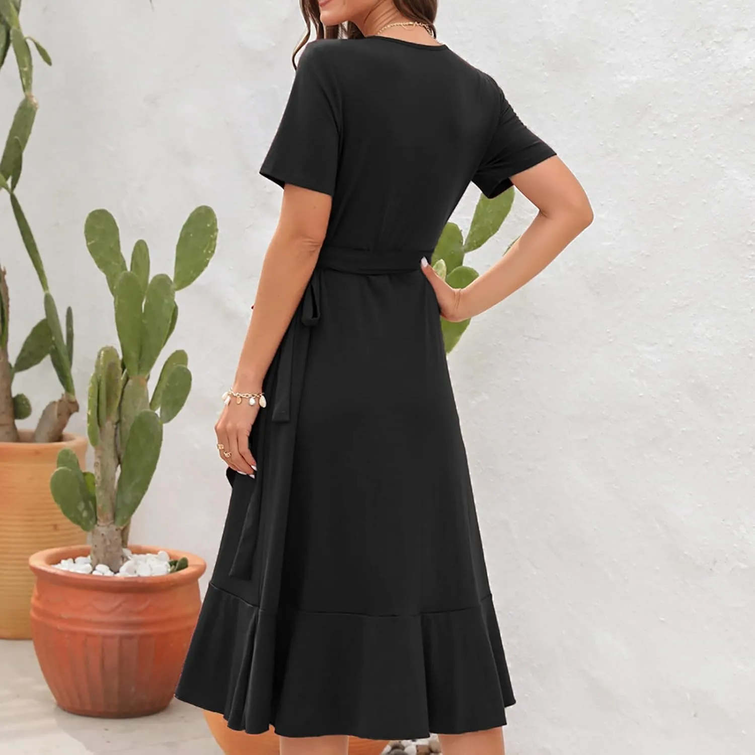 Aymnlox Summer Dresses for Women 2023 Trendy Short Sleeve Wrap V Neck Tie Waist Elegant Sexy Ruffle Solid Prom Midi Dress