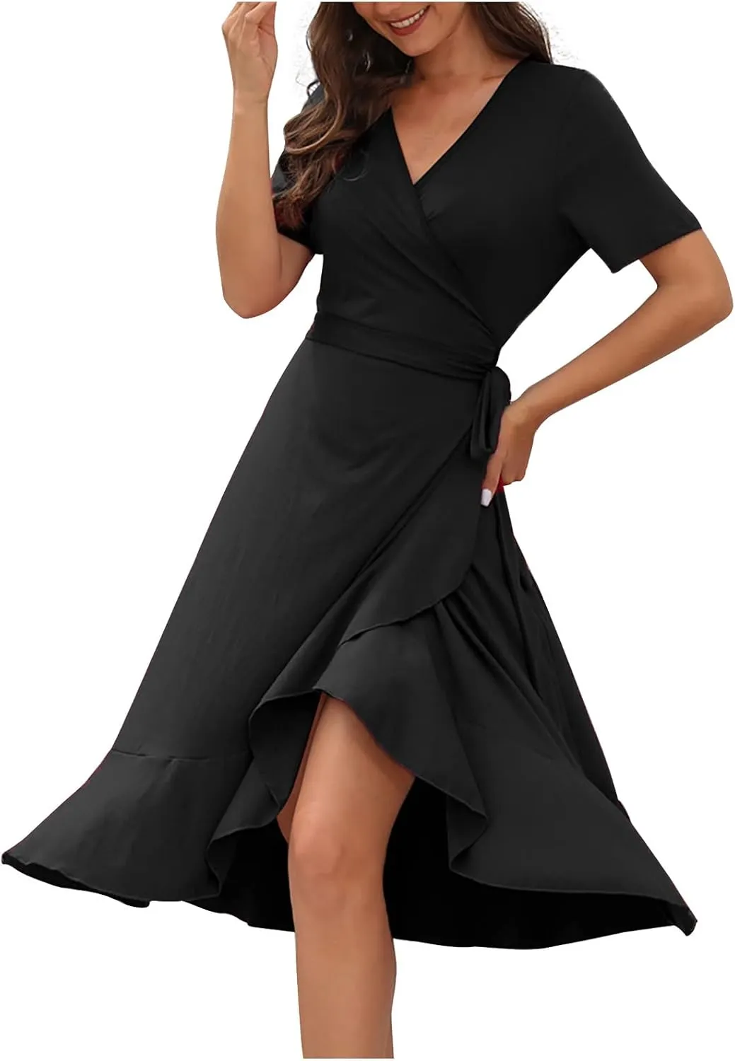 Aymnlox Summer Dresses for Women 2023 Trendy Short Sleeve Wrap V Neck Tie Waist Elegant Sexy Ruffle Solid Prom Midi Dress