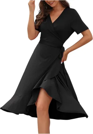 Aymnlox Summer Dresses for Women 2023 Trendy Short Sleeve Wrap V Neck Tie Waist Elegant Sexy Ruffle Solid Prom Midi Dress